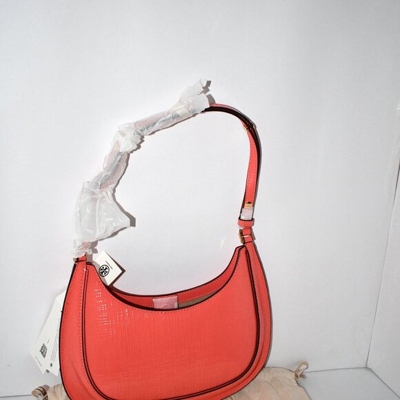 Tory Burch Robinson crescent shoulder bag in crosshatched leather Coral Crush # - Picture 4 of 6